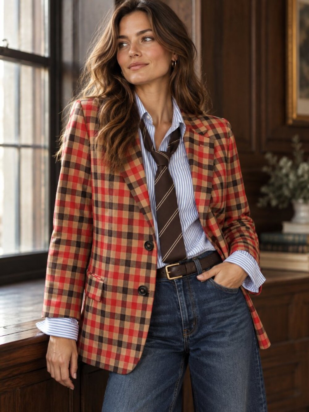 Seventy Venezia Tailored Blazer Plaid Red Camel Brown Wool Blend Preppy Size 42